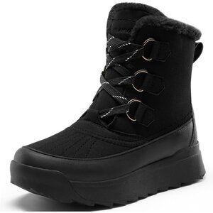 Women Black Faux Fur Collar Ankle Booties with Microfleece Lining Anti-Slip Sole